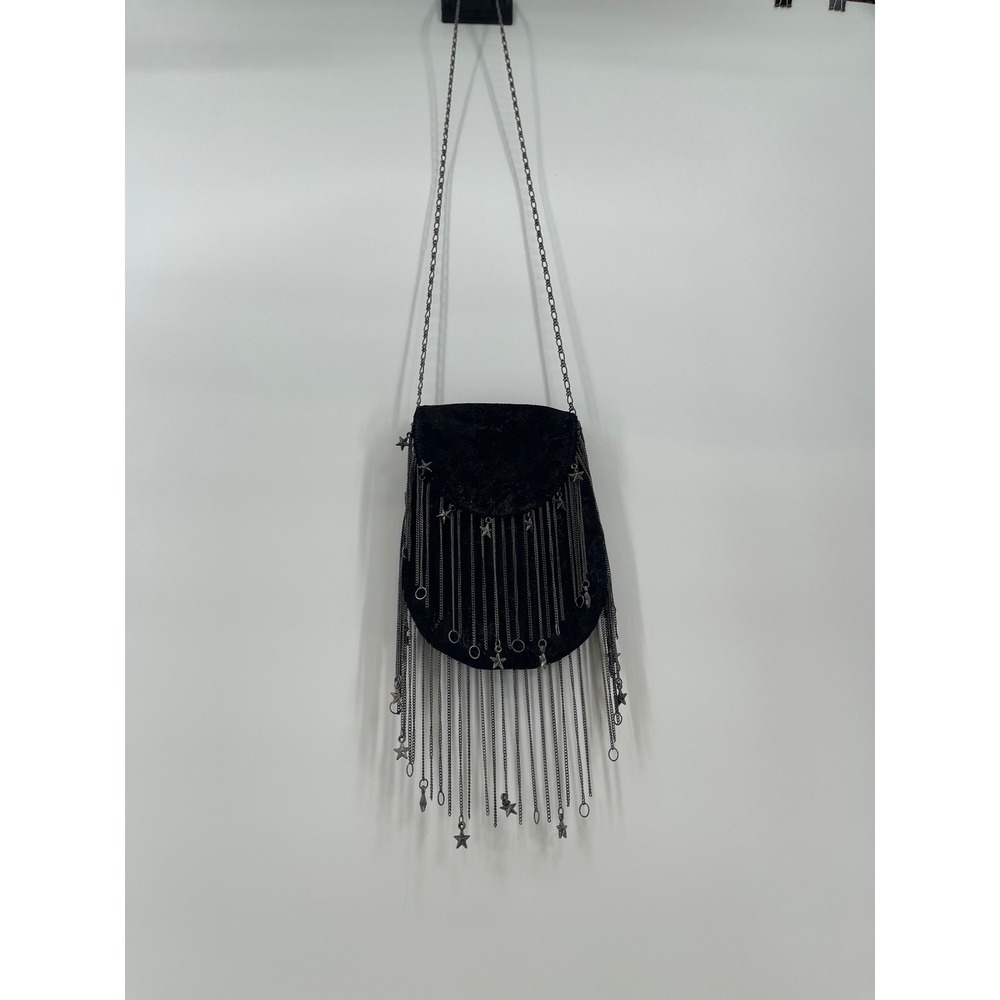 Free People Crossbody Bag Womens Small Black Excellent Star Chain Fringe Suede